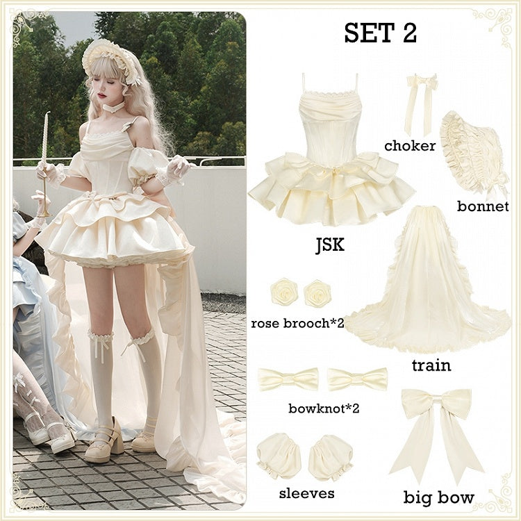 Kleid Lolita Beige Taille JSK Entbeint Wasserfallausschnitt Set Spaghettiträger Voll Elegant