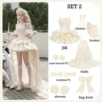 Kleid Lolita Beige Taille JSK Entbeint Wasserfallausschnitt Set Spaghettiträger Voll Elegant