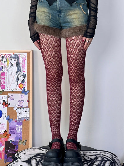Y2K Red Pattern Diamond Cut-out Tights Wine Design