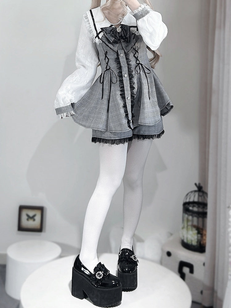 Gray Lace-up Long + Details Jirai Shorts Trim Top Decorated Kei Plaid Sleeves Outfit-Beaded Bowknot Lace