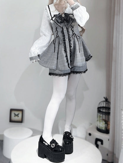 Gray Lace-up Long + Details Jirai Shorts Trim Top Decorated Kei Plaid Sleeves Outfit-Beaded Bowknot Lace