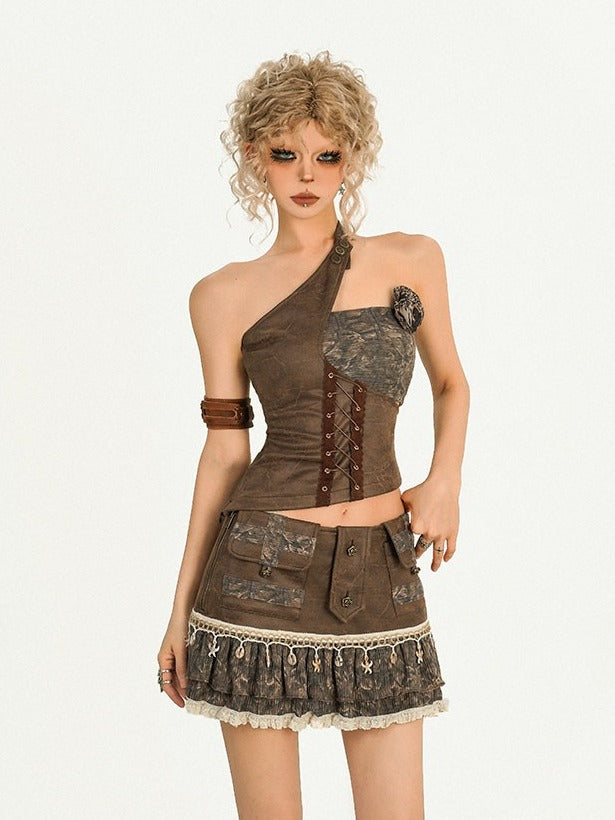 Vintage Punk Coffee Lace Trim A-Line Skirt with Shell Pendant Detail