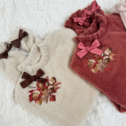 秋のトップス、リボン結びの袖口、ネックライン、リーフ刺繍ニット、メープルカーキ