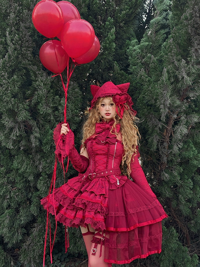 Ruffles Red Strappy Tiered Heart Gothic Skirt Buckle Lolita