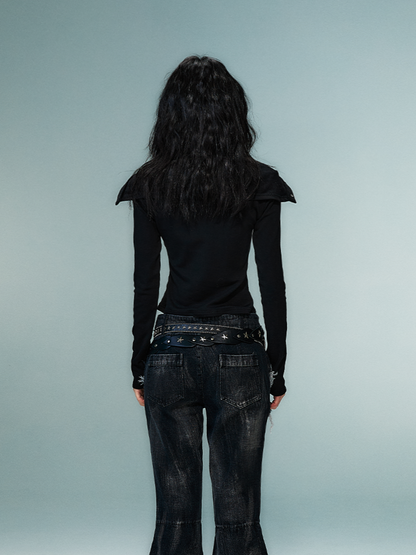 Black Dark Punk High-Neck Knit Top with PU Pocket