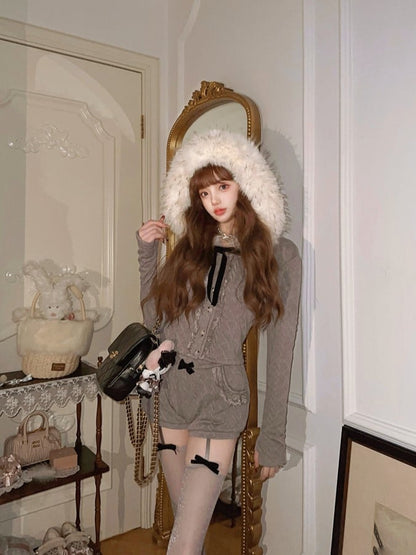 Pelz Mit Kapuze Kragen Detail Strickjacke Schwarz Grau Strick Faux Schleife