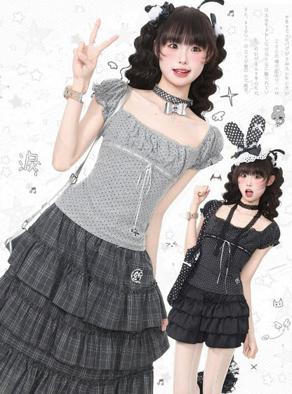 Kawaii Gray Polka Dot Square Neck Ruffle Top - Languid Park