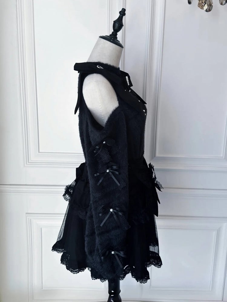 Black Jirai Kei Sweater - Bow Sleeve with Beadwork & Cutout Shoulder