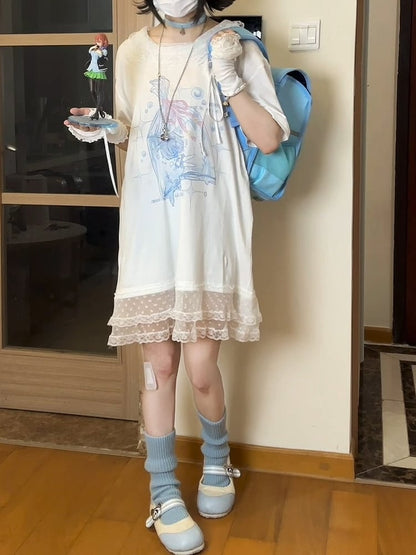 T-Shirt Free Blue with Dress Gloves Style Fingerless Trim Light Landmine Lace Print Cartoon