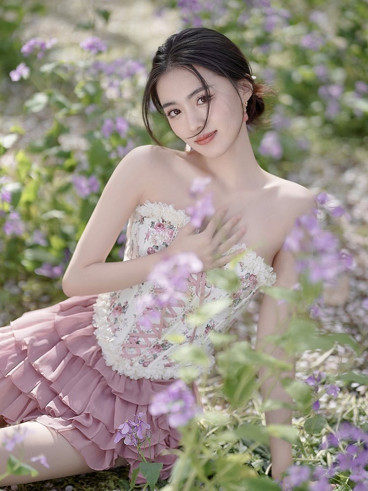 Balletcore-Croset-Oberteil mit Schnürung vorne und hinten und Blumenmuster