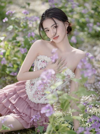 Balletcore-Croset-Oberteil mit Schnürung vorne und hinten und Blumenmuster