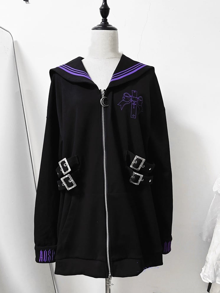 Purple Nautical in Collar Sailor - Jacket Style Black