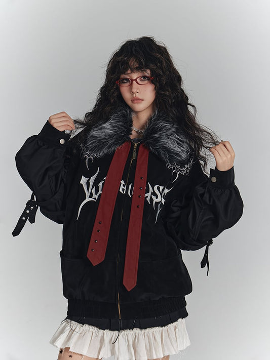 with Jacket Fall/Winter Streetwear Punk Collar Faux Y2K Fur Studded Red Straps Black