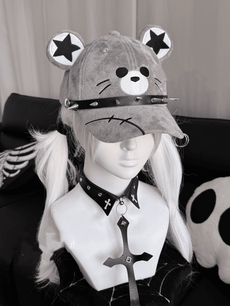 キャップデザイン スタッド パンク マウス 詳細 グレー 尖った