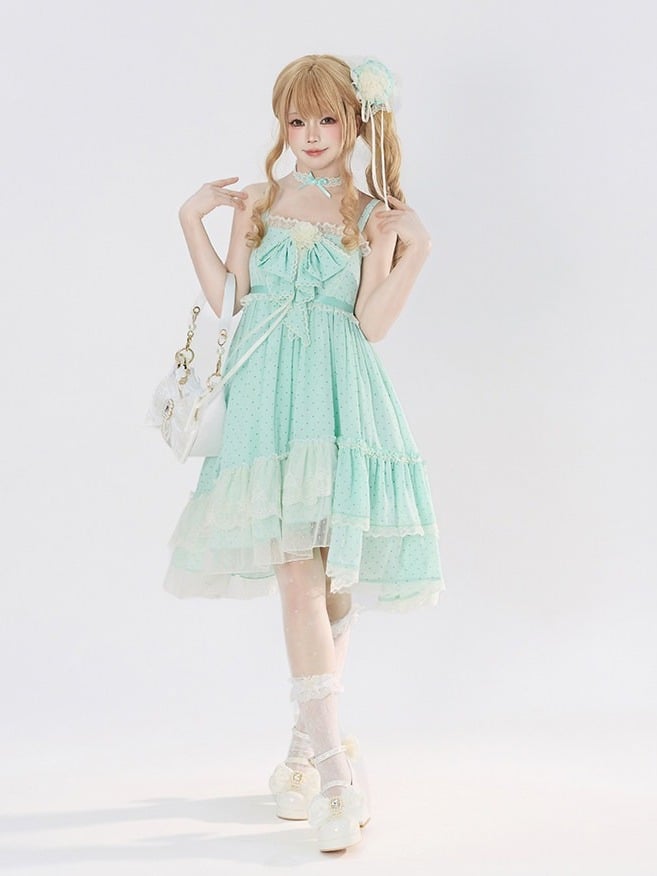 Polka Dot Bow Asymmetric Hem JSK Dress with Lace Choker - Tan Tuan