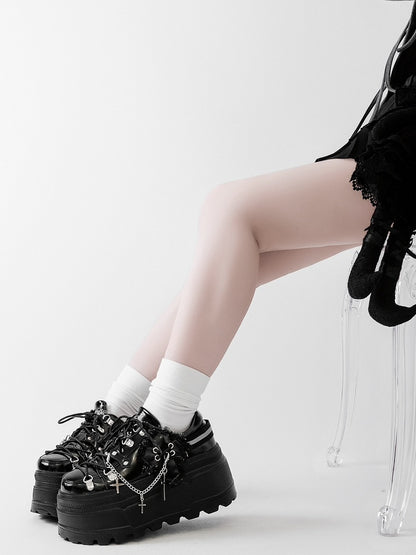 取り外し可能なブラック、パンクなフロントチャームタイデザインプラットフォームチェーンレースアップクロスシューズ