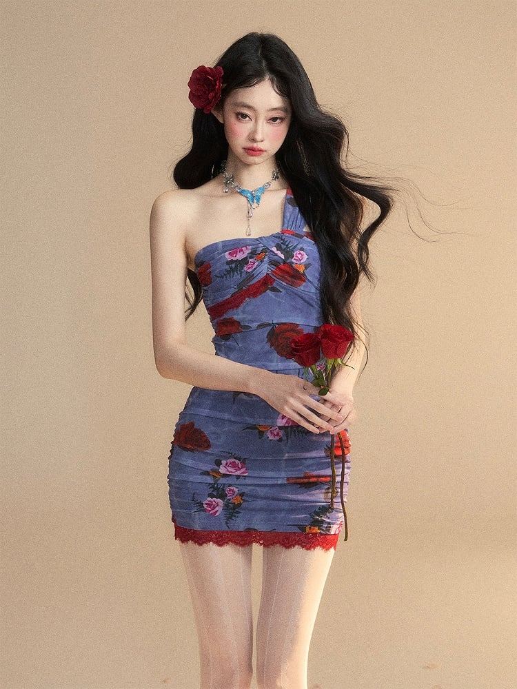 Monets geheimer Garten Mini-Blumenkleid ohne Ärmel Muster Glamorous Blue