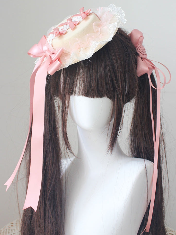Pink Bowknot details lace trim Beige Flat Hat