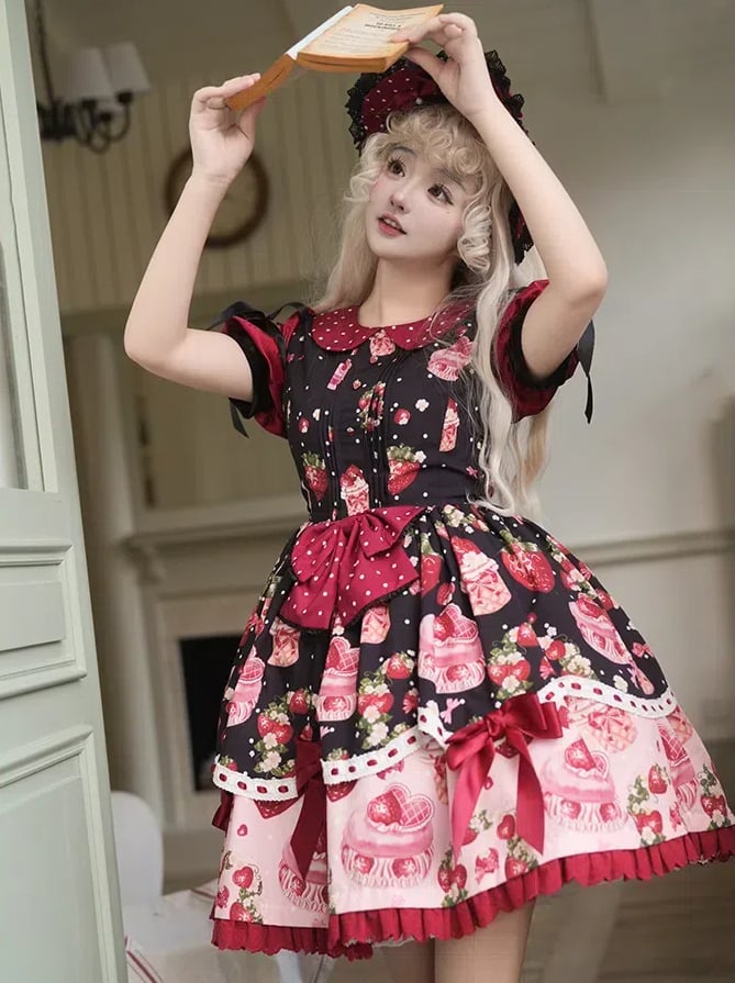 Strawberry Print Black and Red Sweet Polka-dots Peter Pan Collar Lolita Dress