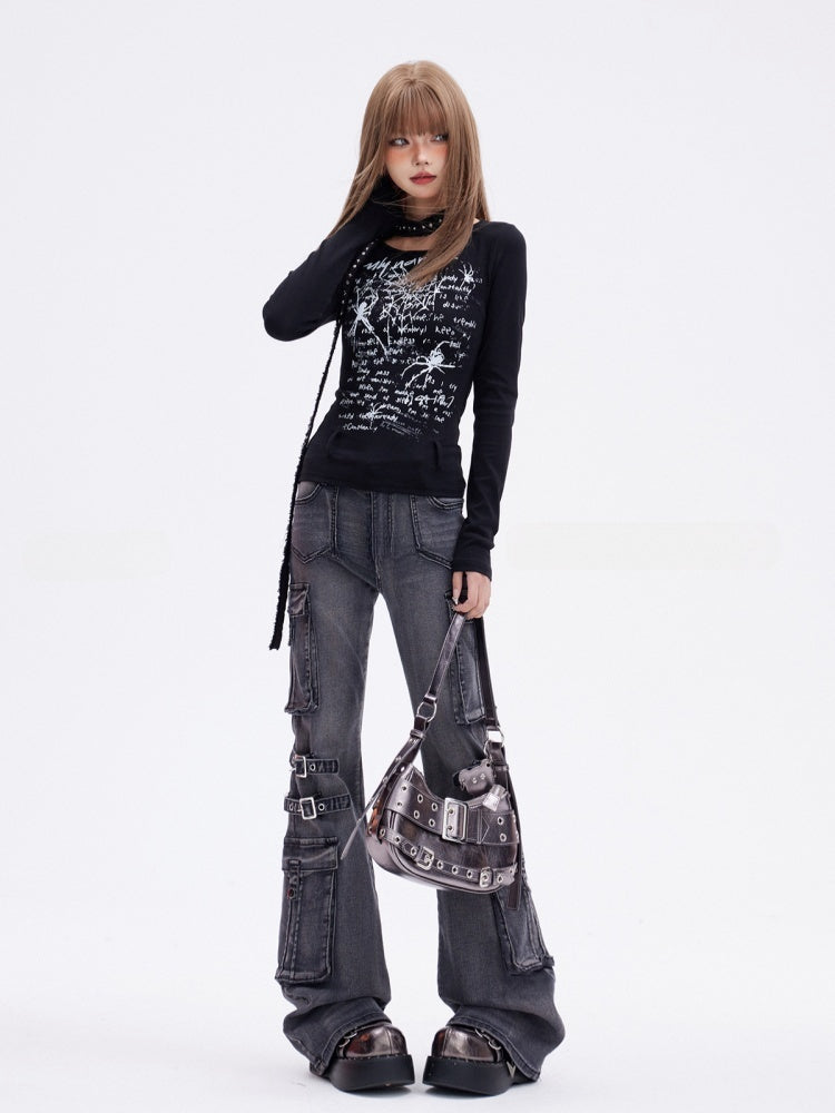 Gratis mit Taillengürtel im Y2K-Stil, schwarzer Spinnendruck, glamourös, schmal geschnittenes Oberteil