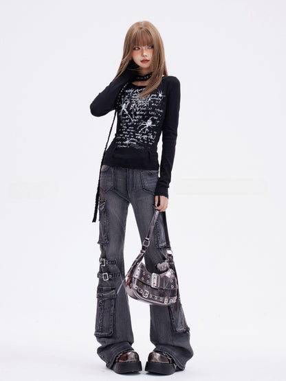 Gratis mit Taillengürtel im Y2K-Stil, schwarzer Spinnendruck, glamourös, schmal geschnittenes Oberteil