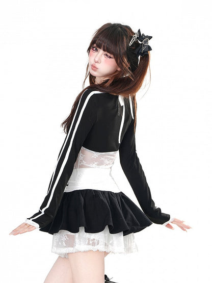 ブラックの太もも丈レースティアードパフィースカート