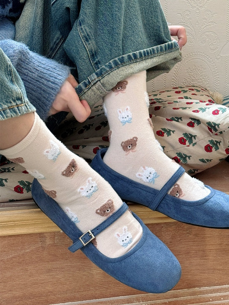 ミルクホワイト/ライトピンク/ライトコーヒー/ブラック スイートバニーベア リボン結び カーフソックス