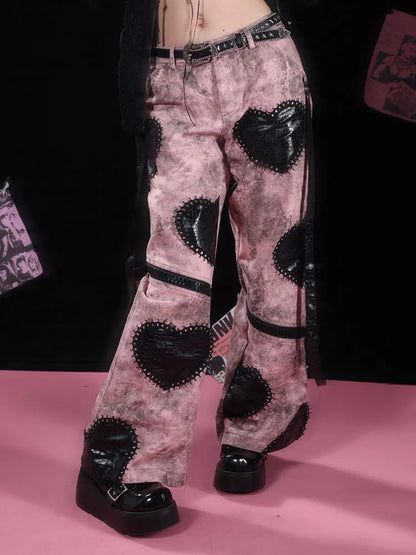 アップリケハートゴシックレッグピンクワイドジーンズブラックジップパンク