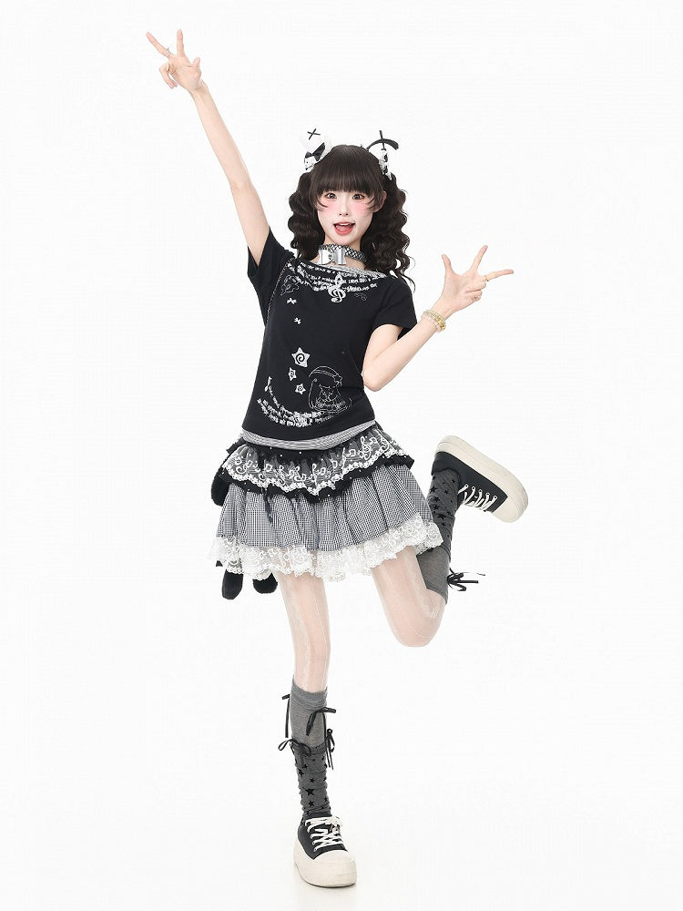 Black Y2K Fake Two-Piece Short Sleeve Tee with Cartoon Print - Languid Park