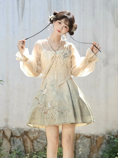 Sheer Top Set with Light Green Sleeveless Dress, Floral and Bird Embroidery, Modern Chinese Style - Han Ru Chu Hanfu &amp; Han-Element Studi