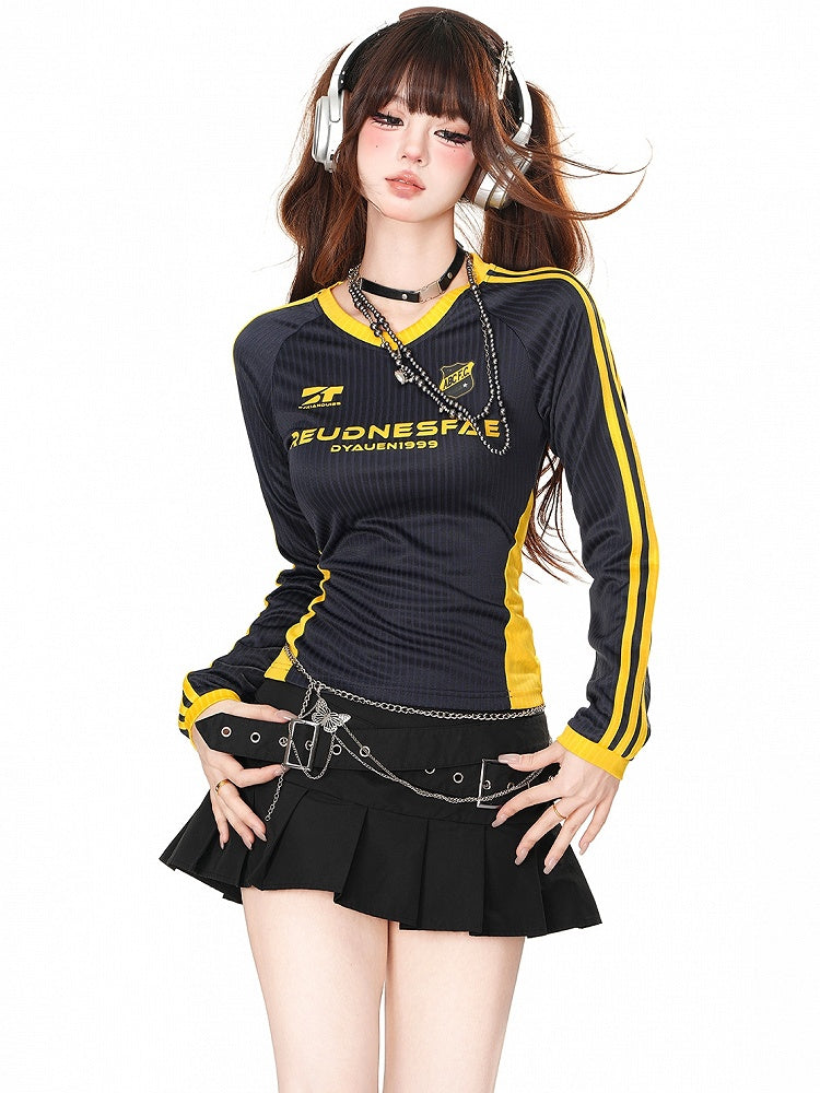 Pink/Black/Navy Blue Letters Print V-neck Striped Sports Top