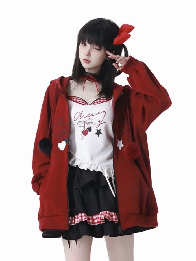 Drawstrings Zip-up with Red Plush Hoodie Pom-Pom