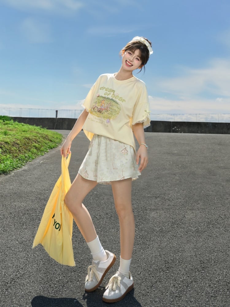 Adorable Bunny Print Green Drawstring Waist Wide-leg Shorts