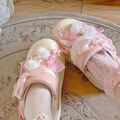 Lolita Sweet Bow with Platform Crocs-style Clogs Ruffle - Decor Version Beige Trim Regular/Thicken