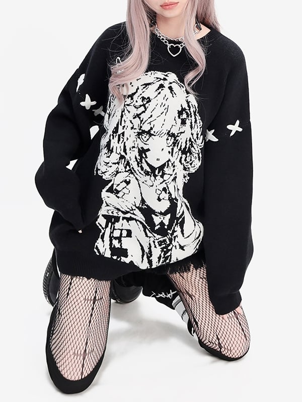 ブラックガール柄ラウンドネックルーズセーター