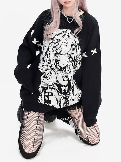 ブラックガール柄ラウンドネックルーズセーター