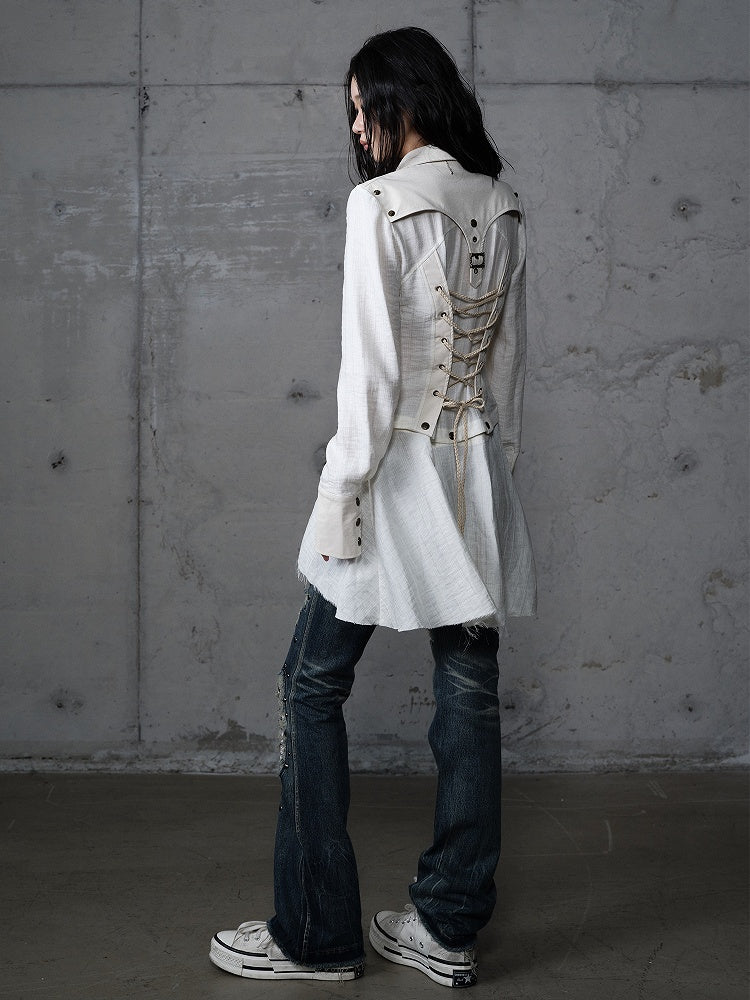 Punk Vintage Detachable Hem Patchwork White Back PU with Shirt Deconstructed