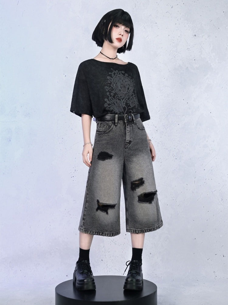 Distressed Denim Cropped Wide-Leg Pants - Quirky Hut