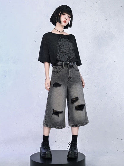 Distressed Denim Cropped Wide-Leg Pants - Quirky Hut