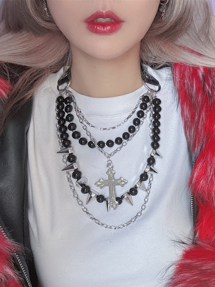 Ohrstecker Schwarze Perlenkette Silber Anhänger Verziert Und Kreuz