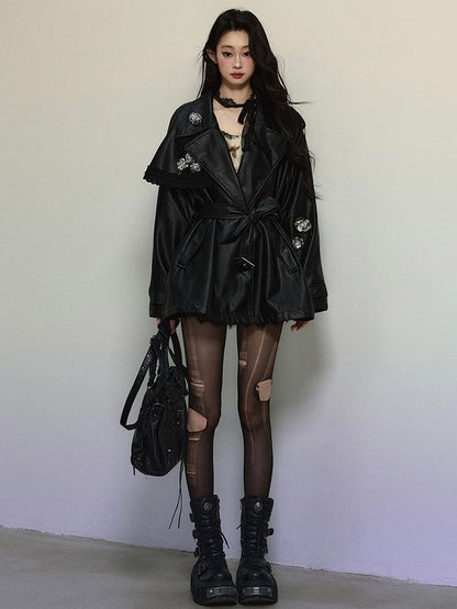 ブラックフローラルノッチカラーPUブレザー