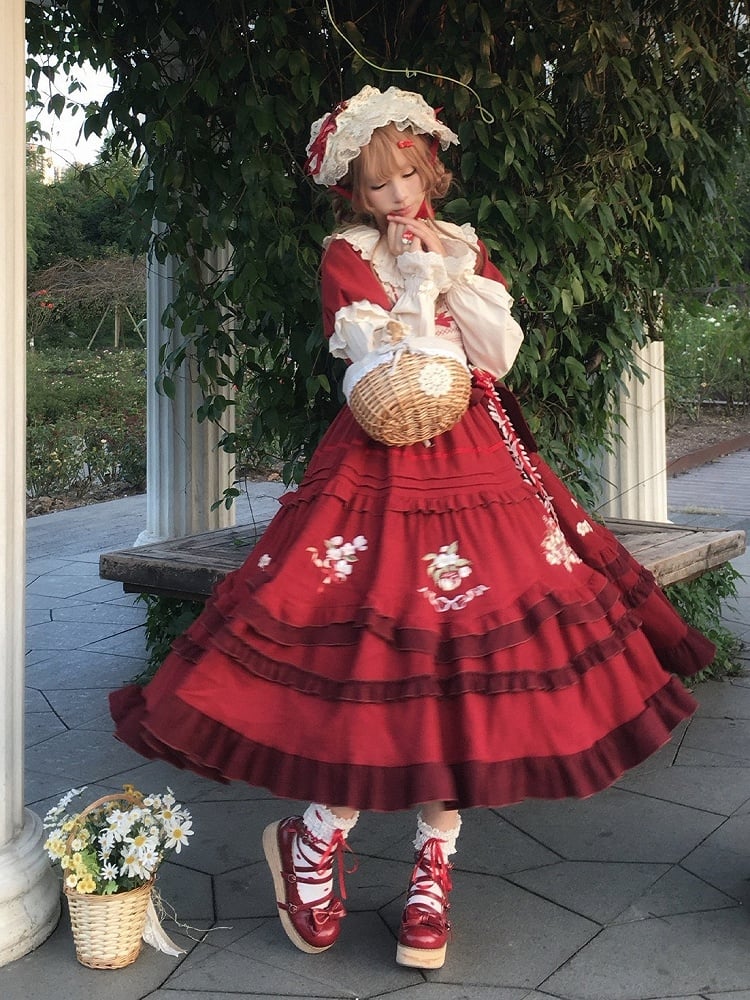 Wine Red Apple Embroidered OP Dress Set with Peter Pan Collar, Long Sleeves, Ruffle Trim, Belt, Brooch & Bow Hairclip - With PUJI