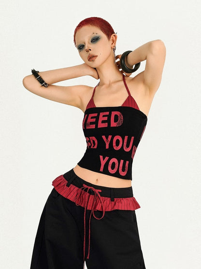 Lettered Trendy Two-Piece Set: Black  Halter Bra Red Crop Tube Top  Striped Padded