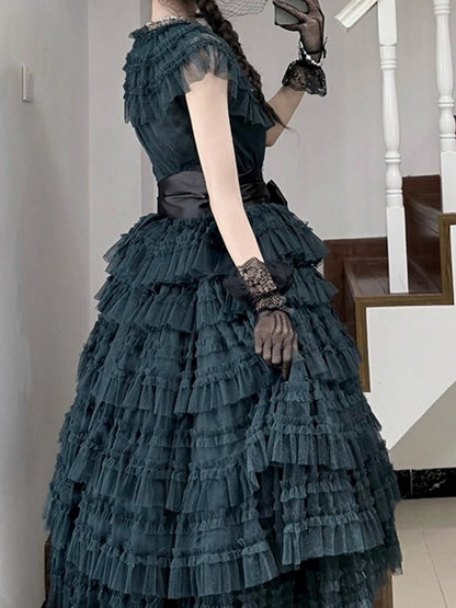 Cotton Tulle Skirt Waist Classic - Vest Green Dotted Elegant Lolita Multi-layered Set Dark Belt + Mesh