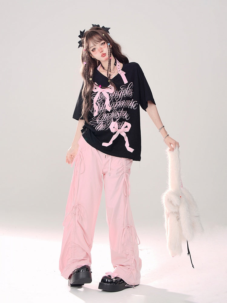Pink Low Waist Wide-Leg Pants with Asymmetrical Drawstring Bows - Daily Kawaii Style