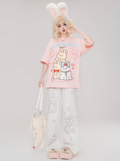 Graue, gerade geschnittene Jogginghose mit Welpen-Print