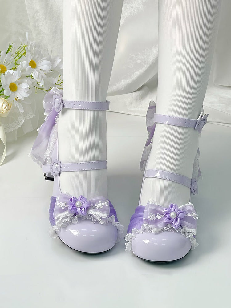 Purple Sweet Lolita Shoes with Cherry Flower Theme and Back Bow - XIN MENG