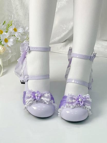 Purple Sweet Lolita Shoes with Cherry Flower Theme and Back Bow - XIN MENG