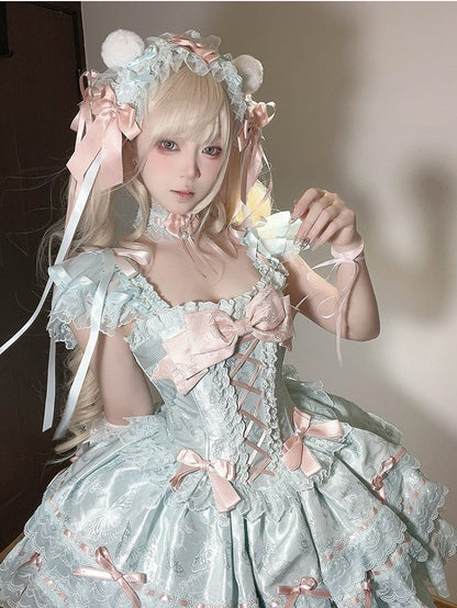 Lace Jacquard with Green Dress Princess Bow Lolita Details Multi-Layered