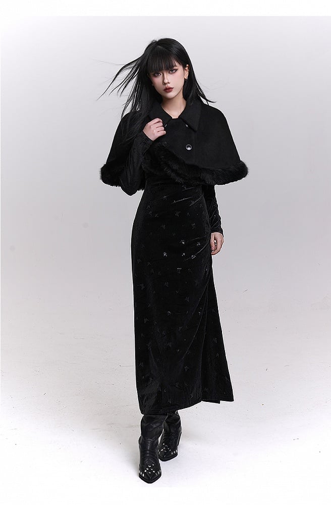 Black Double-Breasted Cape with Plush Trim
